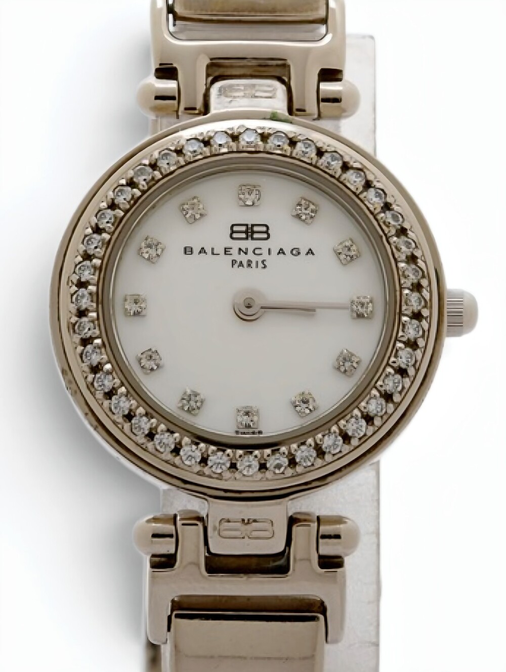 Balenciaga Silver-Tone Crystal Bezel Watch with White Dial